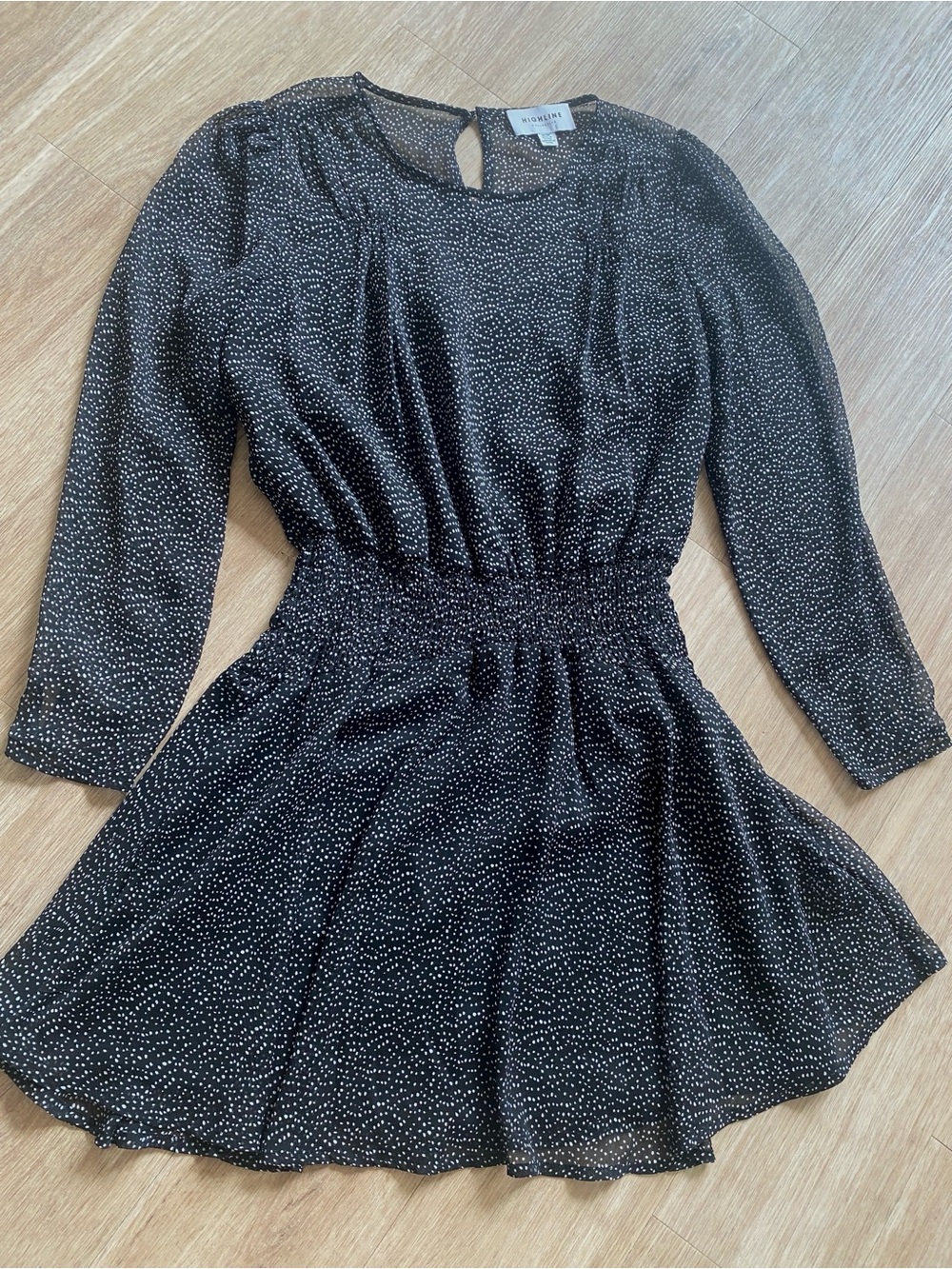 A New Day Black Dot Long Sleeve Smocked-Waist Mini Dress